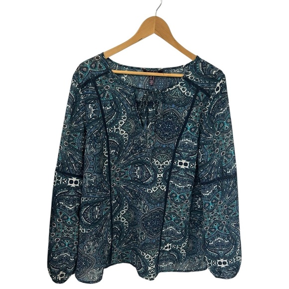 Long Tall Sally Navy Blue Pattern Sheer Tunic Bohemian Top Size 12 LTS - Picture 1 of 13